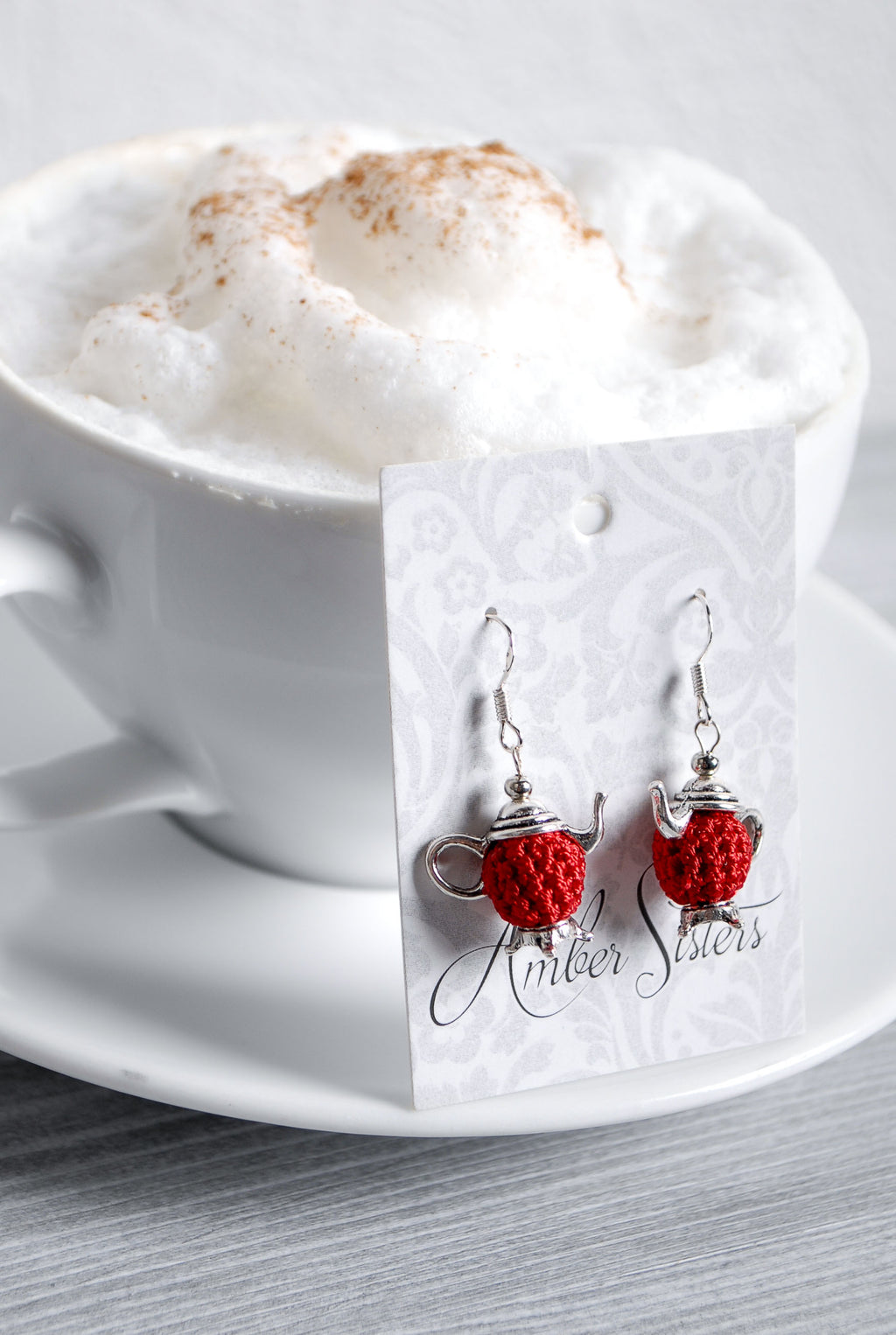 Mini Crochet Teapot Earrings in silver tone findings – Handmade Artisan Jewelry by Amber Sisters