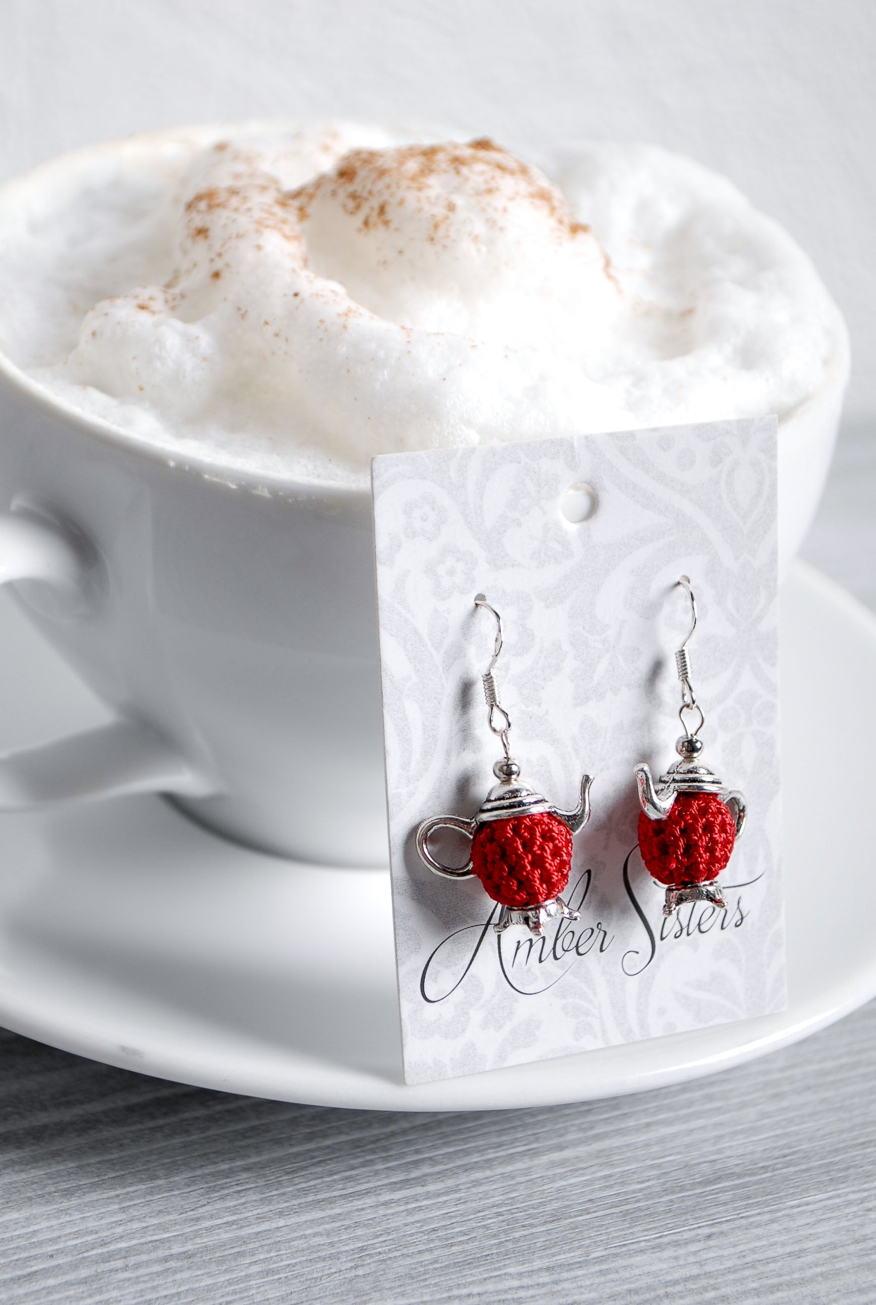 Mini Crochet Teapot Earrings in silver tone findings – Handmade Artisan Jewelry by Amber Sisters