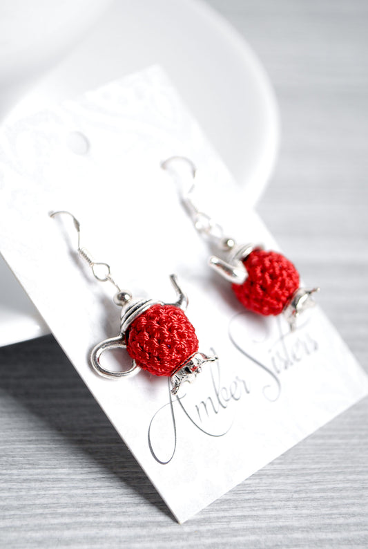Mini Crochet Teapot Earrings in silver tone findings – Handmade Artisan Jewelry by Amber Sisters