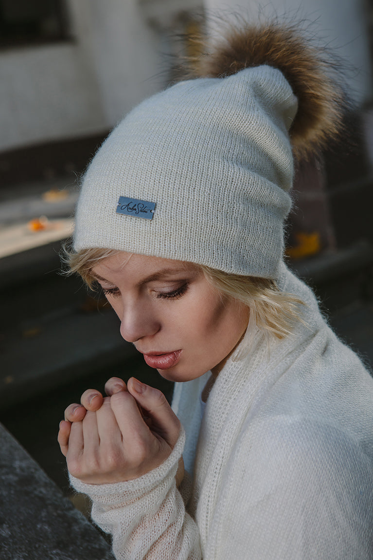 Mohair & Silk Beanie with Natural Pom Pom – Double Layer Knit Hat, Removable Fur Pom, Unisex One Size