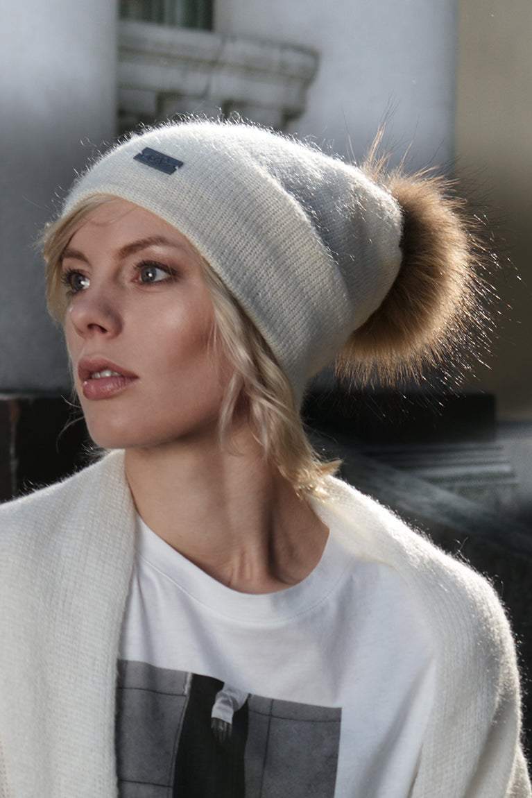 Mohair & Silk Beanie with Natural Pom Pom – Double Layer Knit Hat, Removable Fur Pom, Unisex One Size