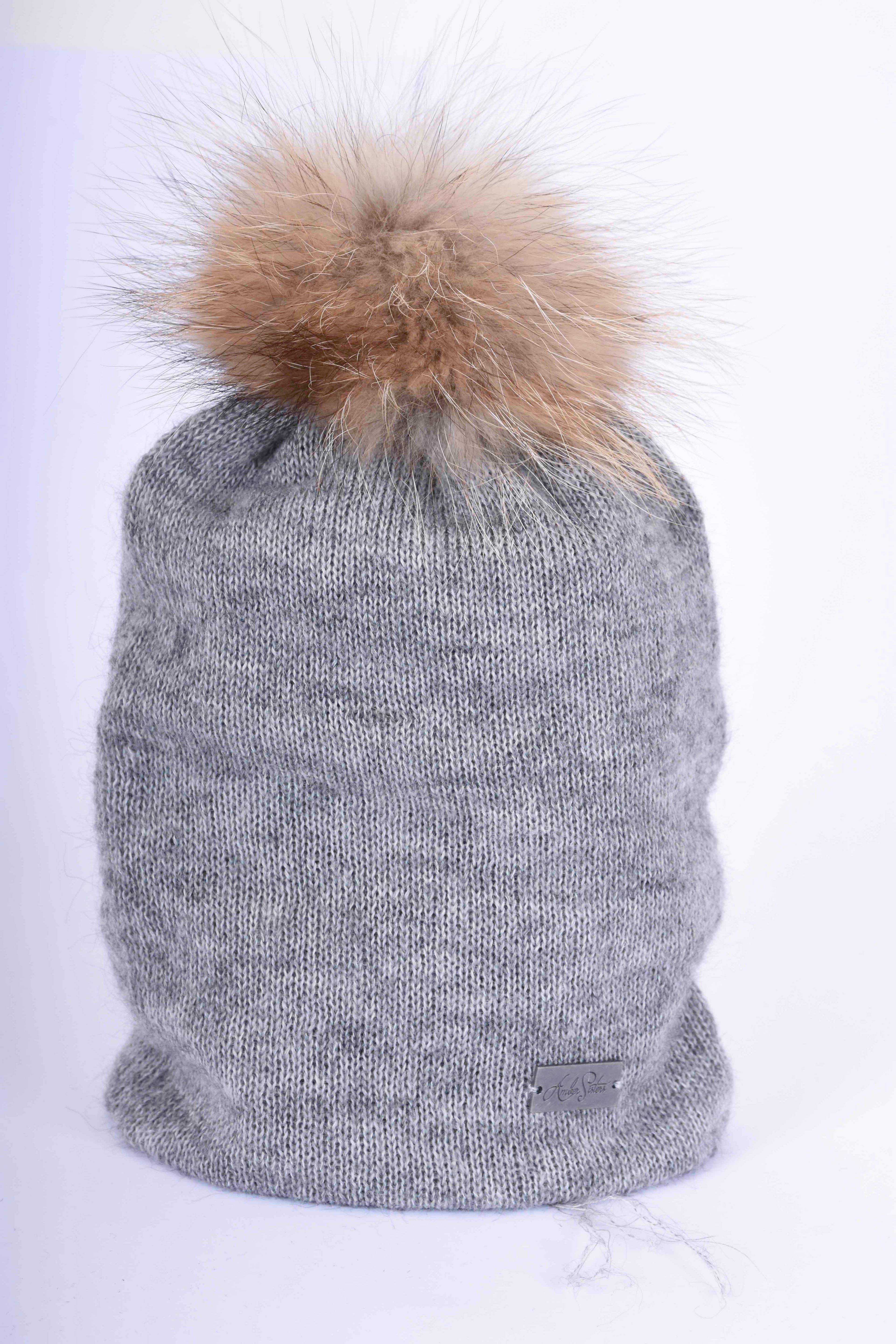 Mohair & Silk Beanie with Natural Pom Pom – Double Layer Knit Hat, Removable Fur Pom, Unisex One Size