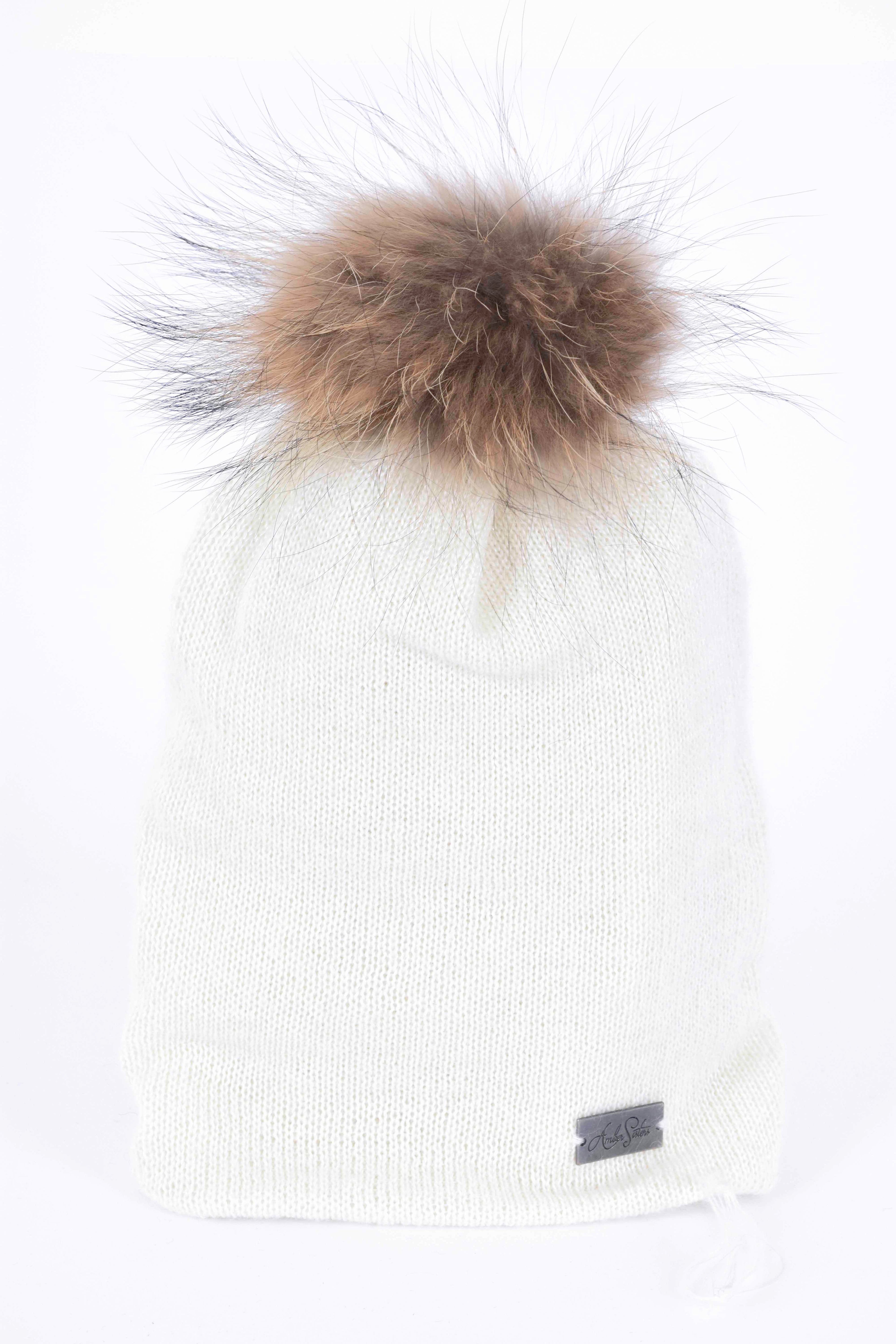 Mohair & Silk Beanie with Natural Pom Pom – Double Layer Knit Hat, Removable Fur Pom, Unisex One Size