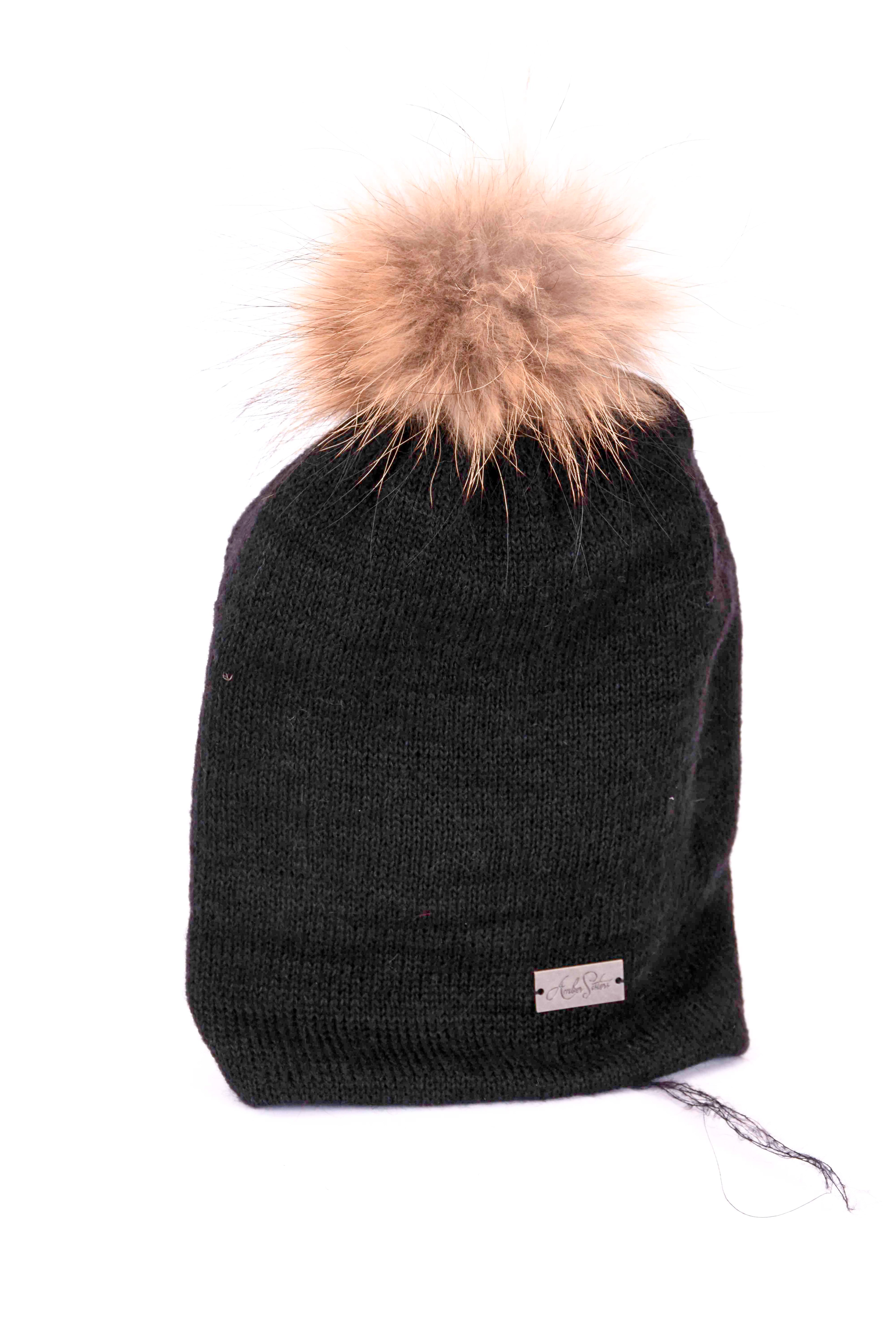 Mohair & Silk Beanie with Natural Pom Pom – Double Layer Knit Hat, Removable Fur Pom, Unisex One Size