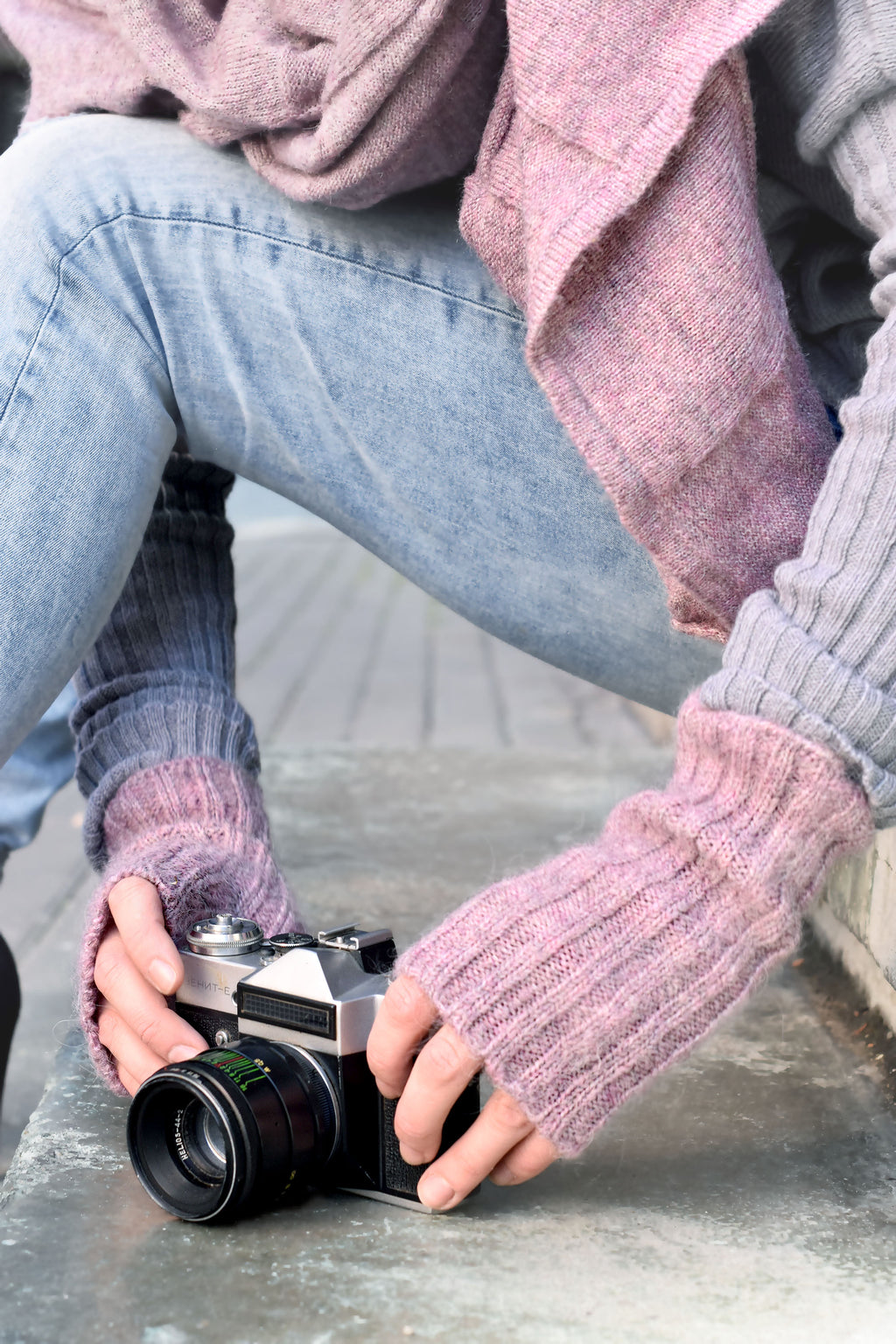 Mohair & Wool Fingerless Gloves – Handmade Seamless Knit Wrist Warmers with Thumb