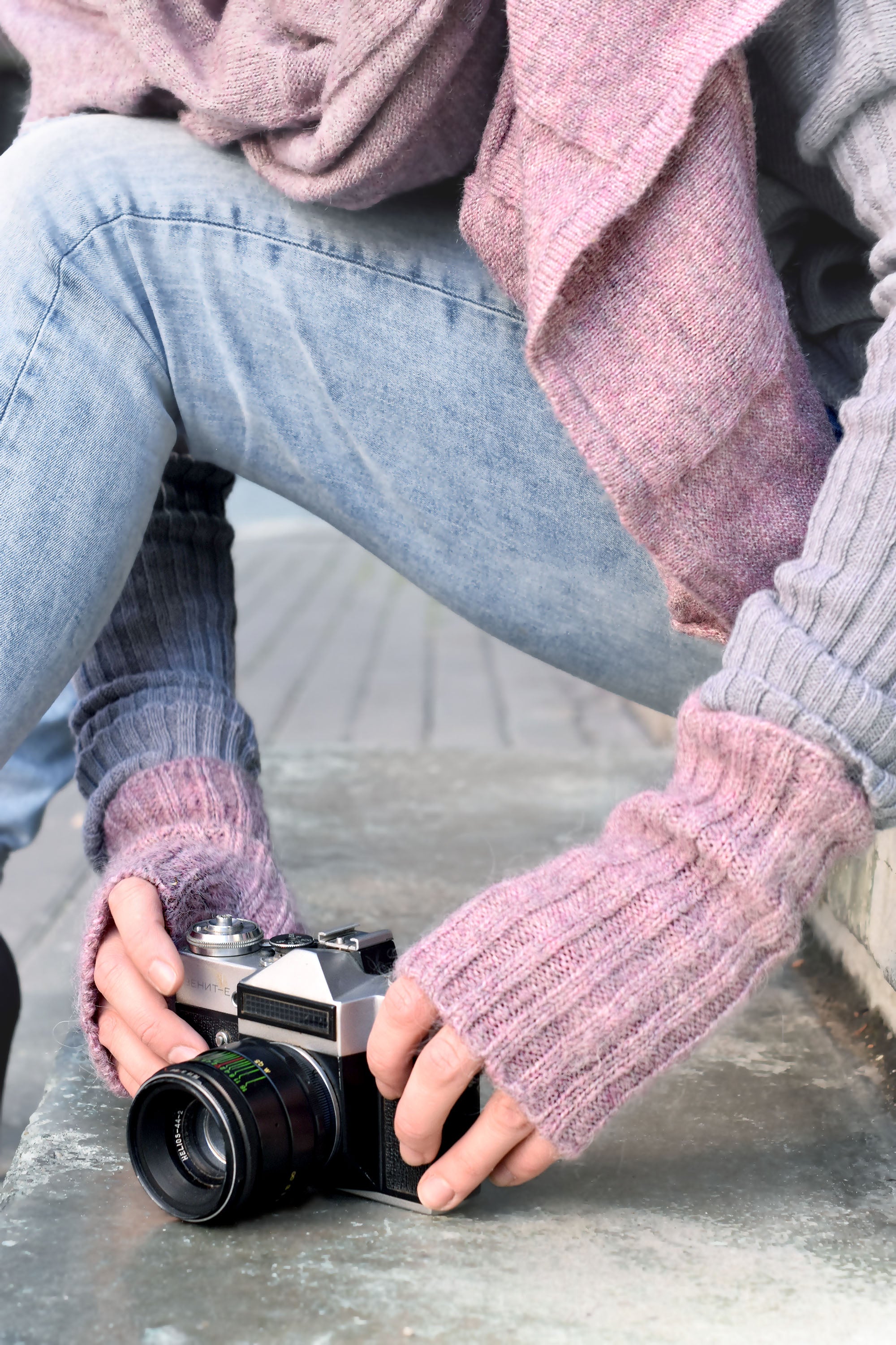 Mohair & Wool Fingerless Gloves – Handmade Seamless Knit Wrist Warmers with Thumb