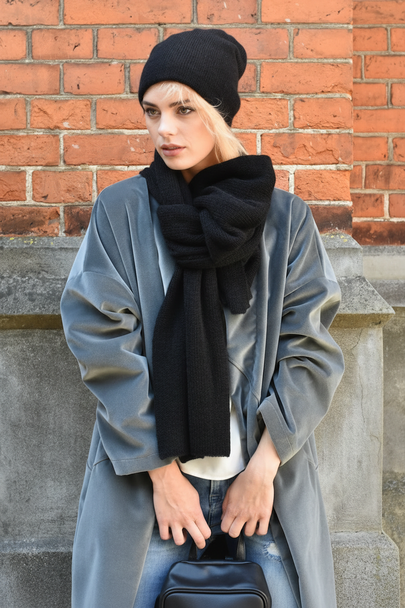 Kid Mohair & Silk Scarf and Beanie Set – Soft Luxury Knit Set, Classic Scarf with Loose Fit Double Beanie