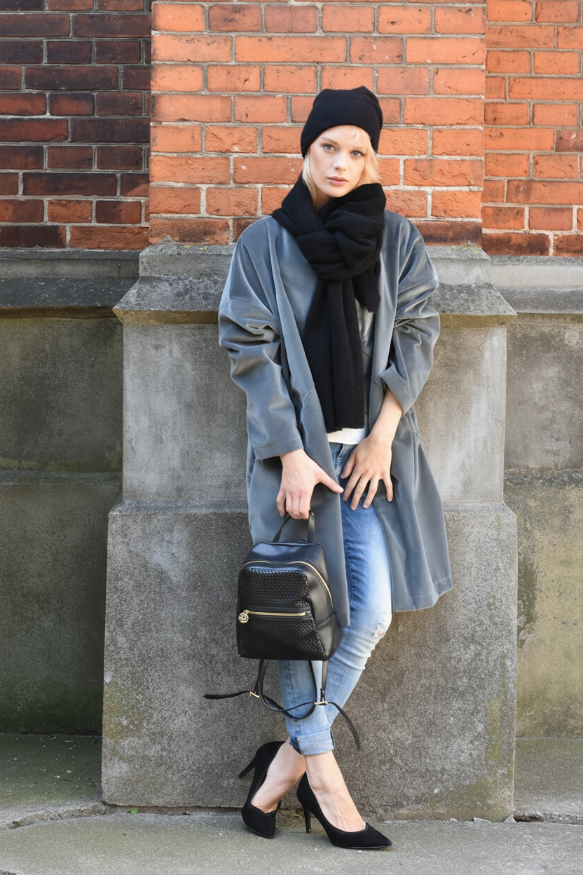 Kid Mohair & Silk Scarf and Beanie Set – Soft Luxury Knit Set, Classic Scarf with Loose Fit Double Beanie