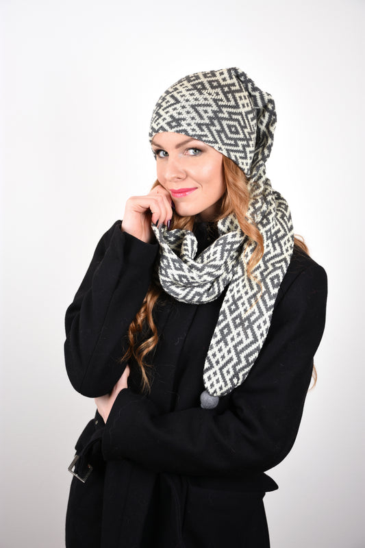 Lielvārde Motif Merino Hat Scarf – 2-in-1 Knit Hat & Scarf with Handmade Pom, Soft Cotton Forehead Lining